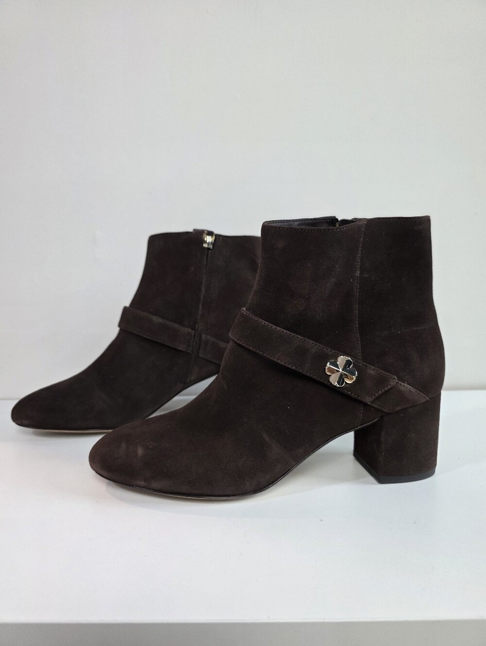 Kate Spade Flower Dark Brown Suede Ankle Boots with Block Heel, Size 9.5